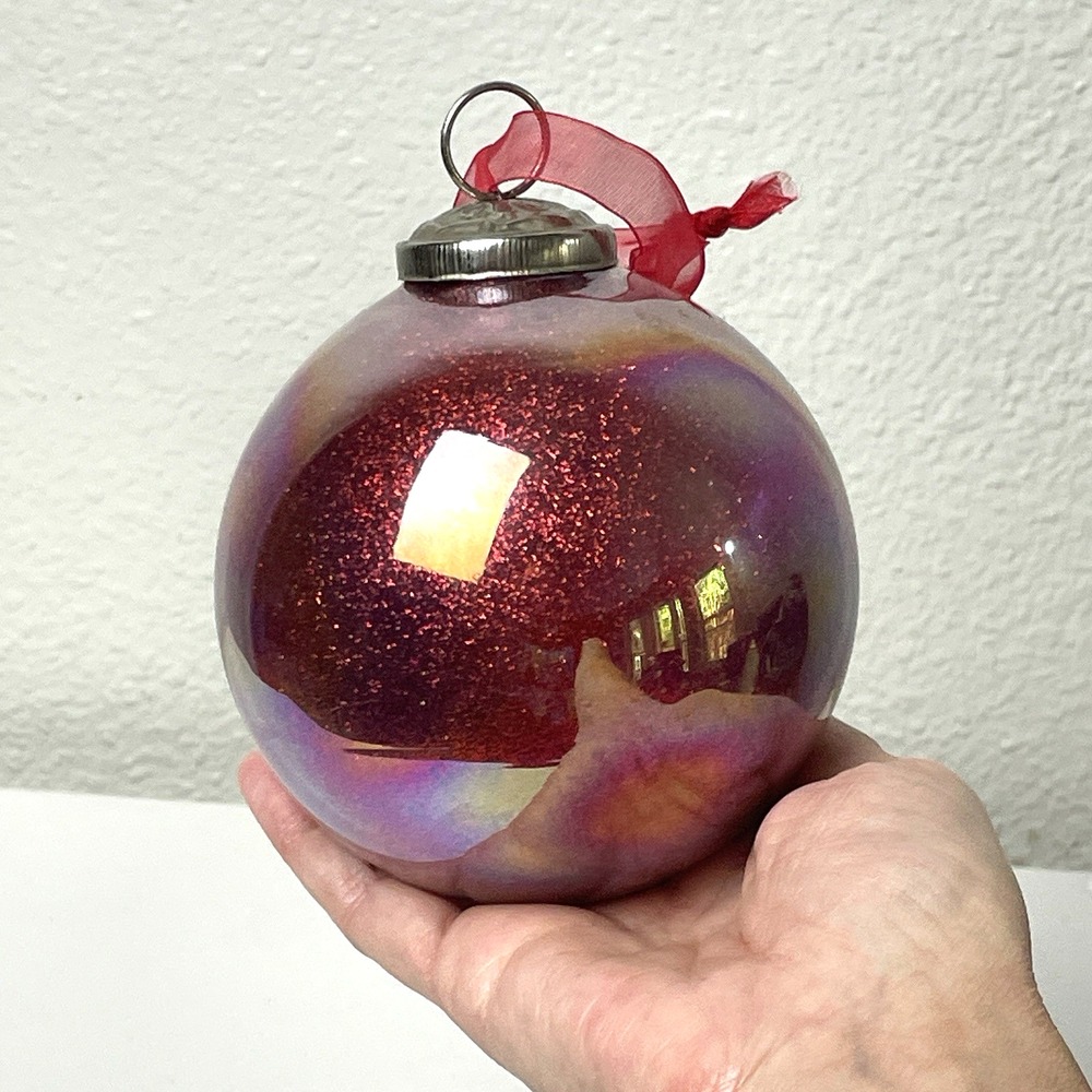 Large Red Iridescent Glass Kugel Style Christmas Ornament Glitter 4"